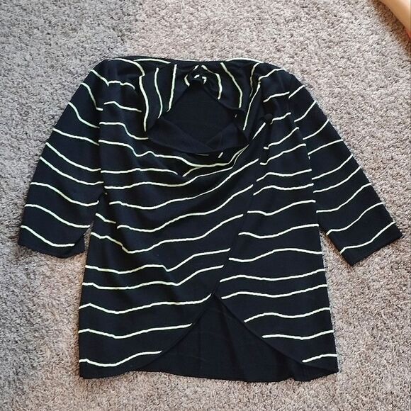 Ming Wang Women's Size Medium Snap Button Lime Green Striped Cardigan Wrap Top - Picture 6 of 16